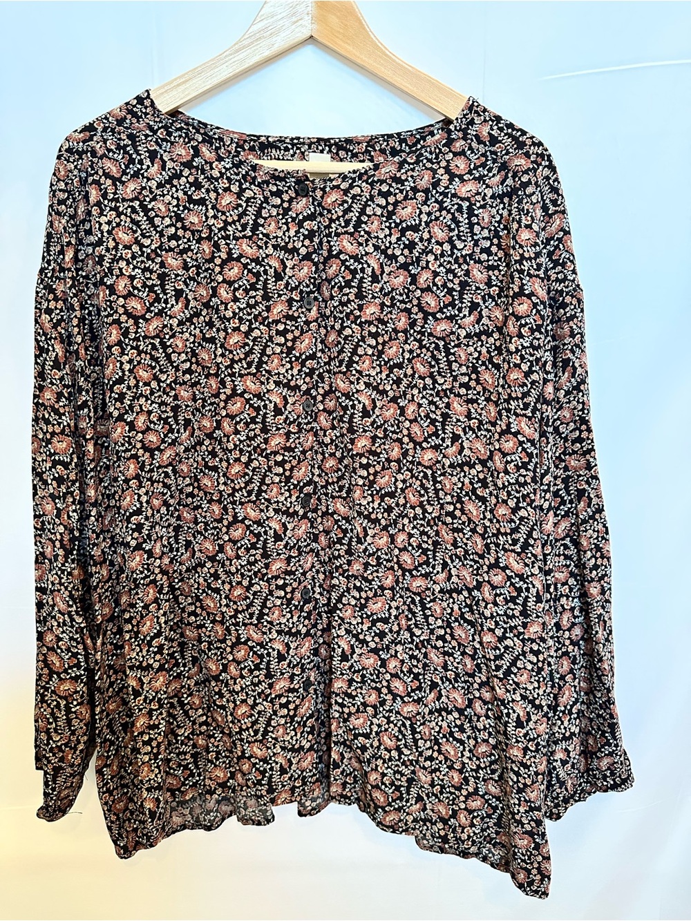 Treasure & Bond Black Floral Long-Sleeve Blouse with Pink and Cream Flowers